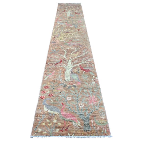 2'7"x15' Tawny Brown, Afghan Peshawar with Birds of Paradise Design, Hand Knotted, Soft Wool, Natural Dyes, XL Runner, Oriental Rug HR20106