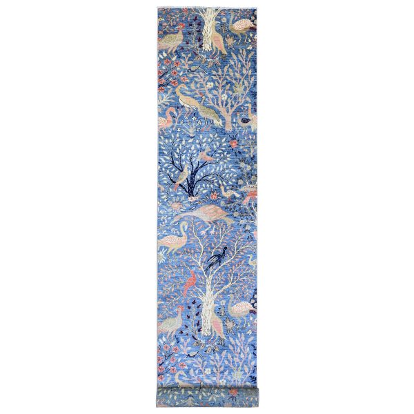 3'x21'3" Bayern Blue, Afghan Peshawar with Birds of Paradise Design, Natural Dyes, Hand Knotted, 100% Wool, XL Runner, Oriental Rug HR20107