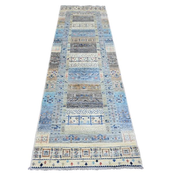 2'10"x9'6" Shades of Brown with Blue, Soft Wool, Fine Kashkuli Gabbeh with Small Animal Figurines, Hand Knotted, Vegetable Dyes, Runner, Oriental Rug HR20115