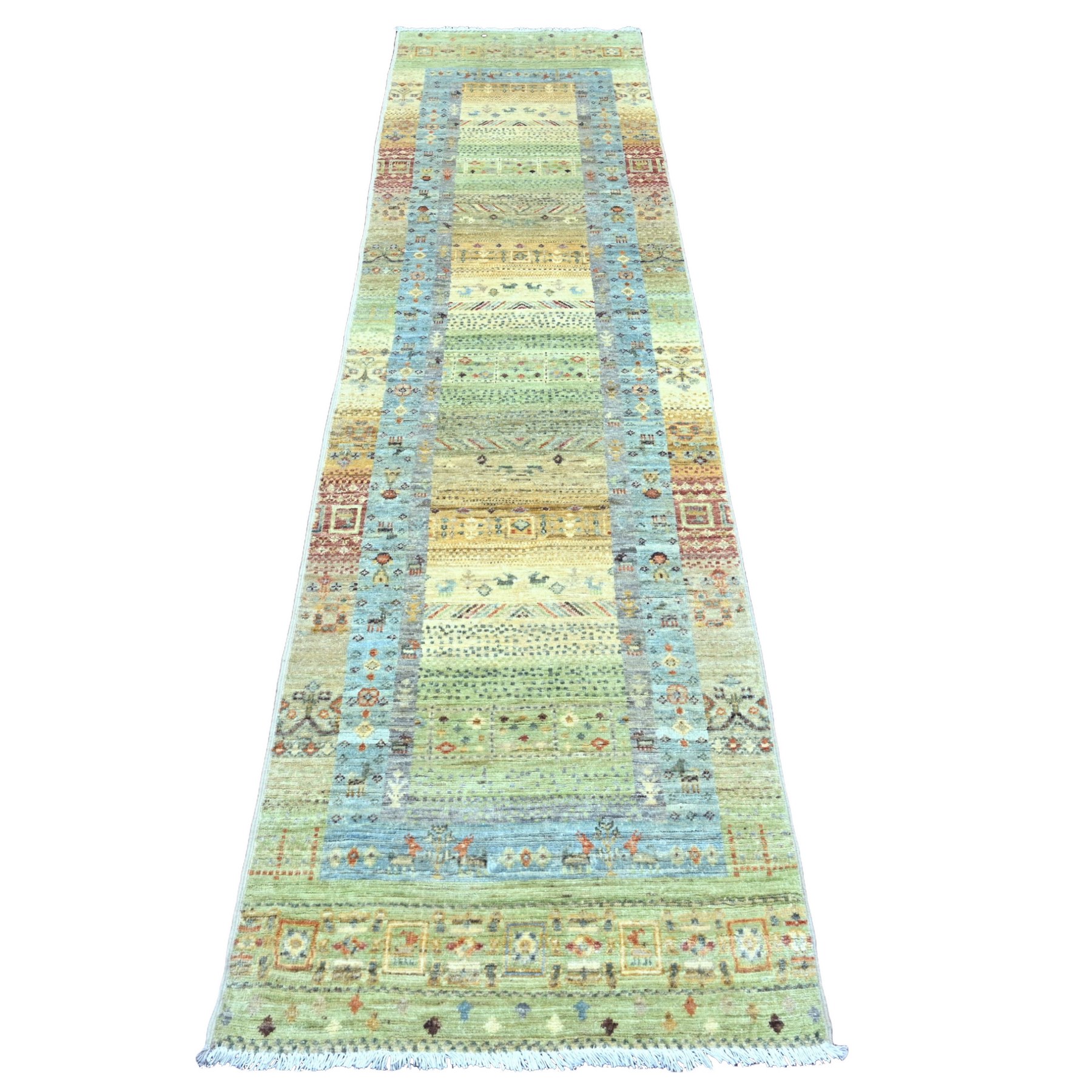 2'5"x9'9" Olive Green, Hand Knotted, Fine Kashkuli Gabbeh with Small Animal Figurines, Soft Wool, Veggie Dyes, Runner, Oriental Rug HR20116
