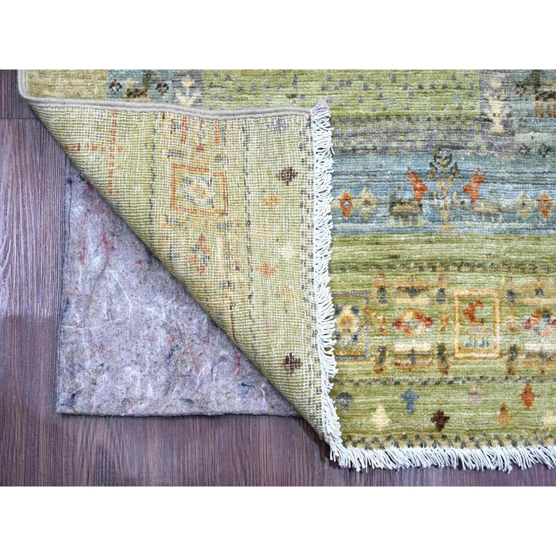2'5"x9'9" Olive Green, Hand Knotted, Fine Kashkuli Gabbeh with Small Animal Figurines, Soft Wool, Veggie Dyes, Runner, Oriental Rug HR20116 - Image 2