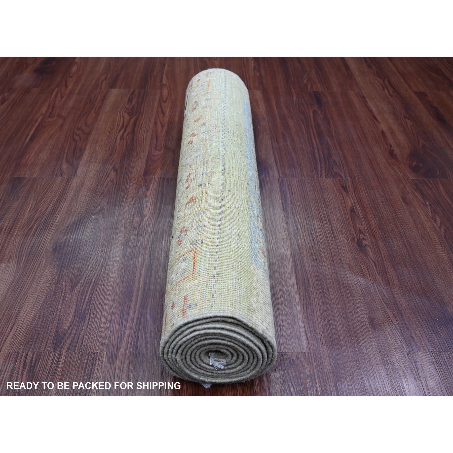 2'5"x9'9" Olive Green, Hand Knotted, Fine Kashkuli Gabbeh with Small Animal Figurines, Soft Wool, Veggie Dyes, Runner, Oriental Rug HR20116 - Image 4