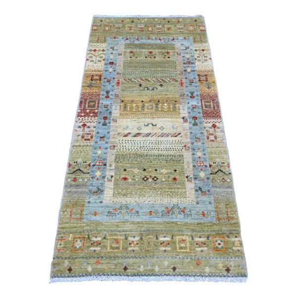 2'9"x5'10" Swamp Green, Fine Kashkuli Gabbeh with Small Animal Figurines, Hand Knotted, Soft Wool, Natural Dyes, Runner, Oriental Rug HR20119