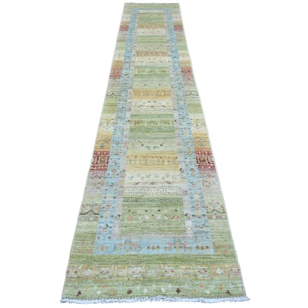 2'8"x14'8" Olive Green, Fine Kashkuli Gabbeh with Small Animal Figurines, Natural Dyes, 100% Wool, Hand Knotted, XL Runner, Oriental Rug HR20122