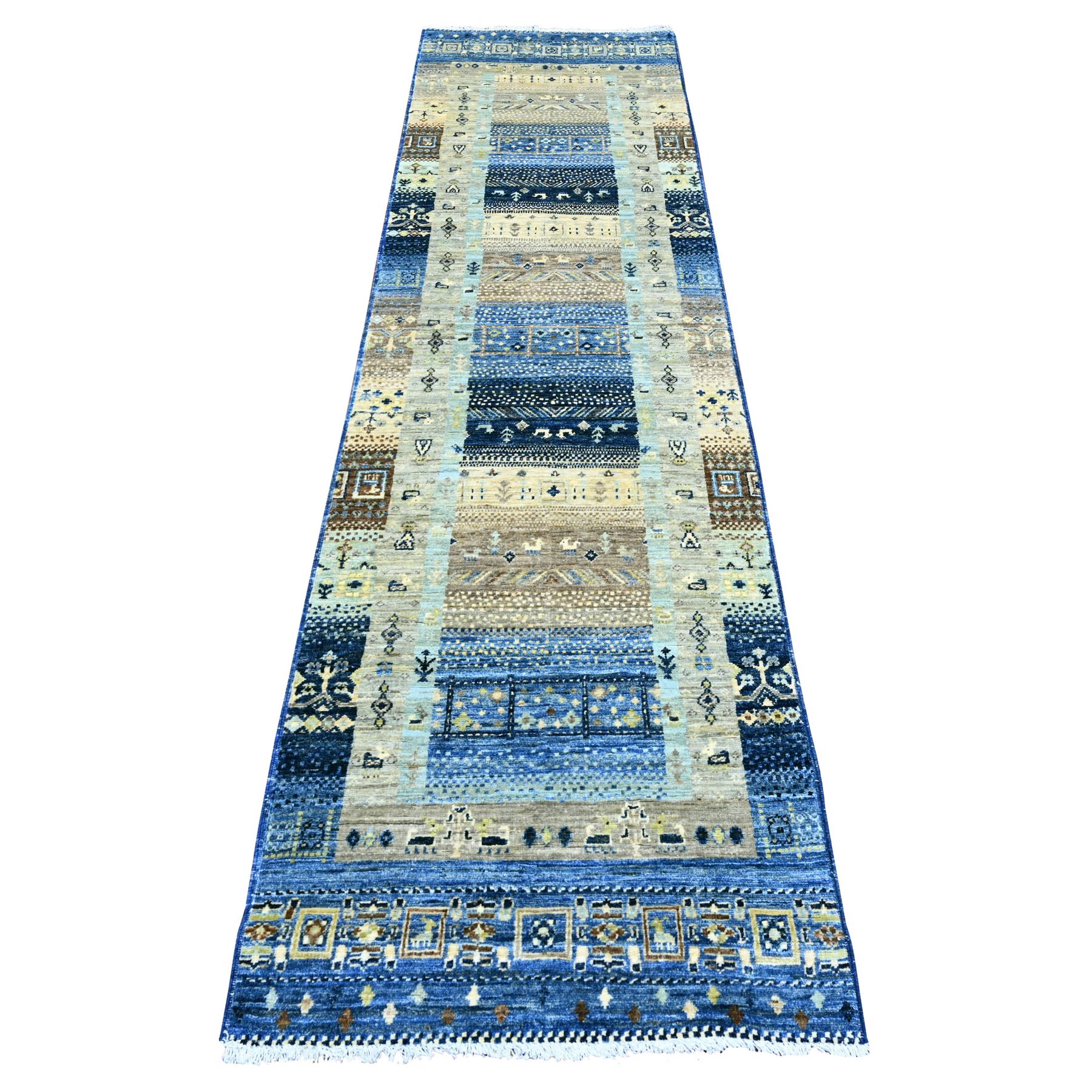 2'6"x9'8" Shades of Blue, Hand Knotted, Fine Kashkuli Gabbeh with Small Animal Figurines, Soft Wool, Veggie Dyes, Runner, Oriental Rug HR20125