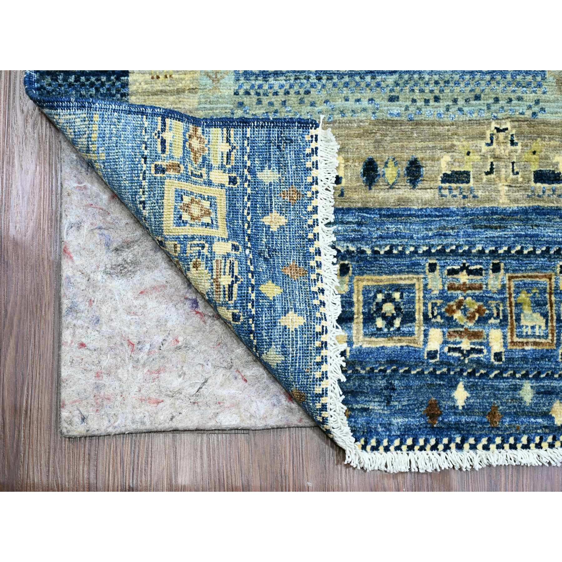 2'6"x9'8" Shades of Blue, Hand Knotted, Fine Kashkuli Gabbeh with Small Animal Figurines, Soft Wool, Veggie Dyes, Runner, Oriental Rug HR20125 - Image 2
