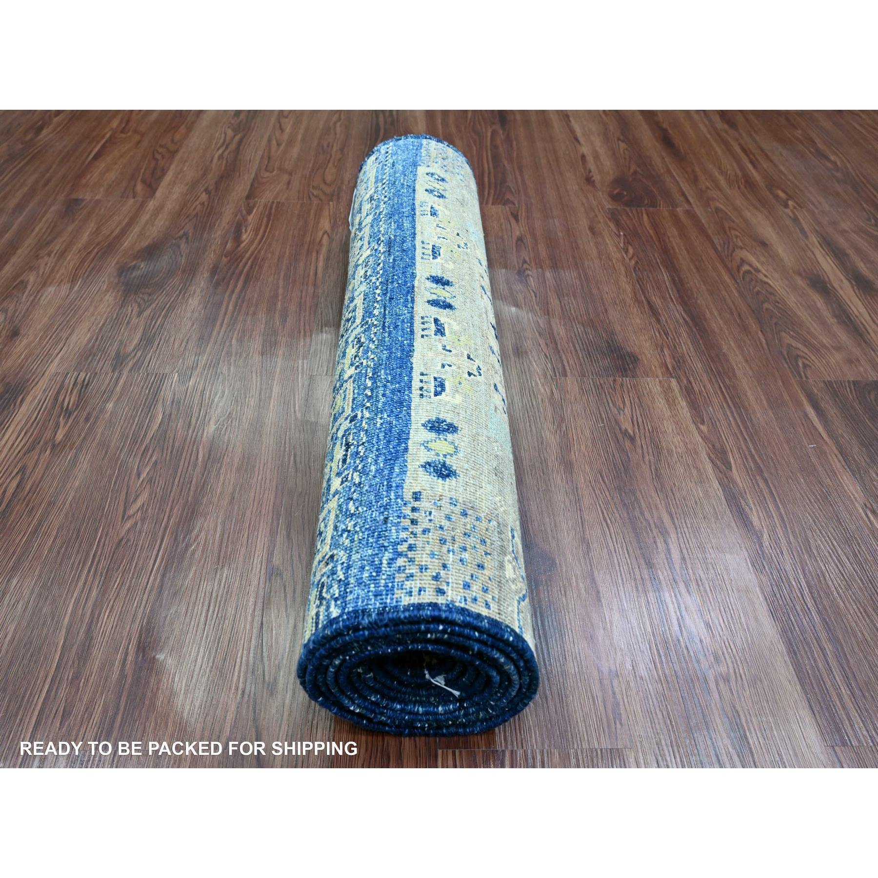 2'6"x9'8" Shades of Blue, Hand Knotted, Fine Kashkuli Gabbeh with Small Animal Figurines, Soft Wool, Veggie Dyes, Runner, Oriental Rug HR20125 - Image 4