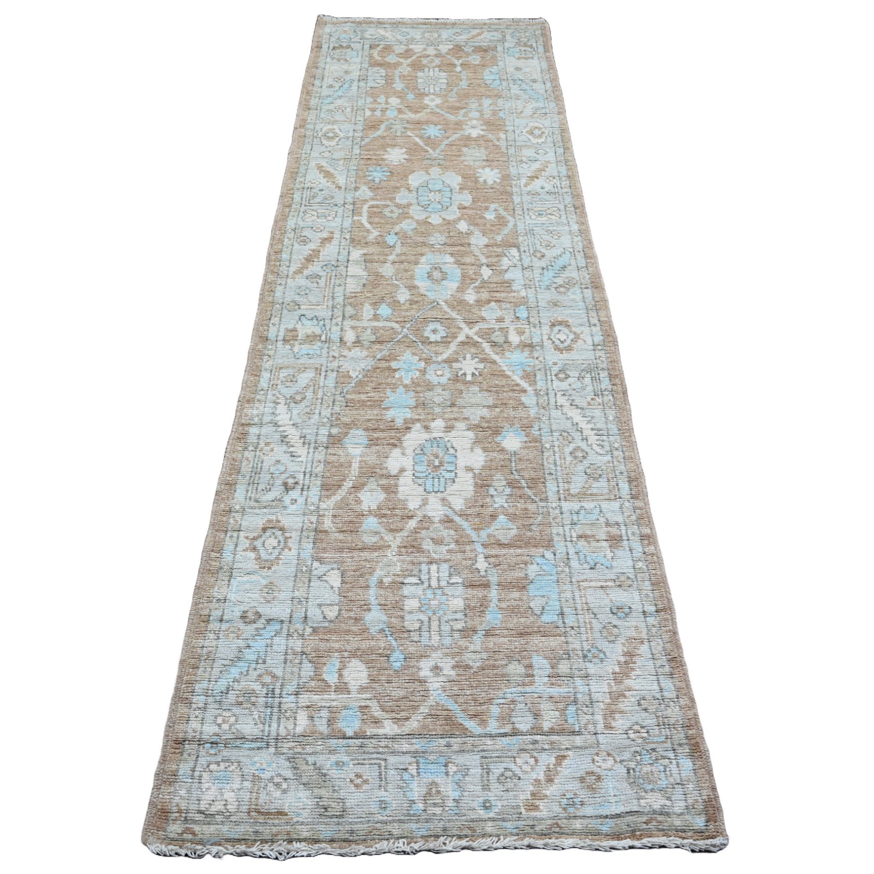 2'9"x9'6" Almond Brown, Afghan Angora Oushak with All Over Leaf Design, Vegetable Dyes, Hand Knotted, 100% Wool, Runner, Oriental Rug HR20129