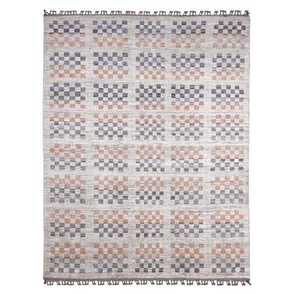 8'1"x10'5" Chiffon White, Moroccan Weave with Soft and Balanced Colors Box Design, Hand Knotted, Soft Wool, Tone on Tone, Textured Pile, Oriental Rug HR20151