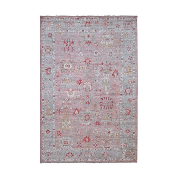 6'x9'1" Pastel Pink, Afghan Angora Oushak with All Over Leaf Design, Hand Knotted, Natural Dyes, 100% Wool, Oriental Rug HR20195