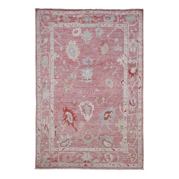 5'9"x8'9" Rouge Pink, Hand Knotted, Afghan Angora Oushak with Large Leaf Design, Veggie Dyes, 100% Wool, Oriental Rug HR20199