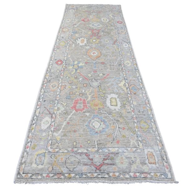 3'10"x12'1" Stone Gray, Hand Knotted, Afghan Angora Oushak with Soft Color Leaf Design, Veggie Dyes, 100% Wool, Runner, Oriental Rug HR20211