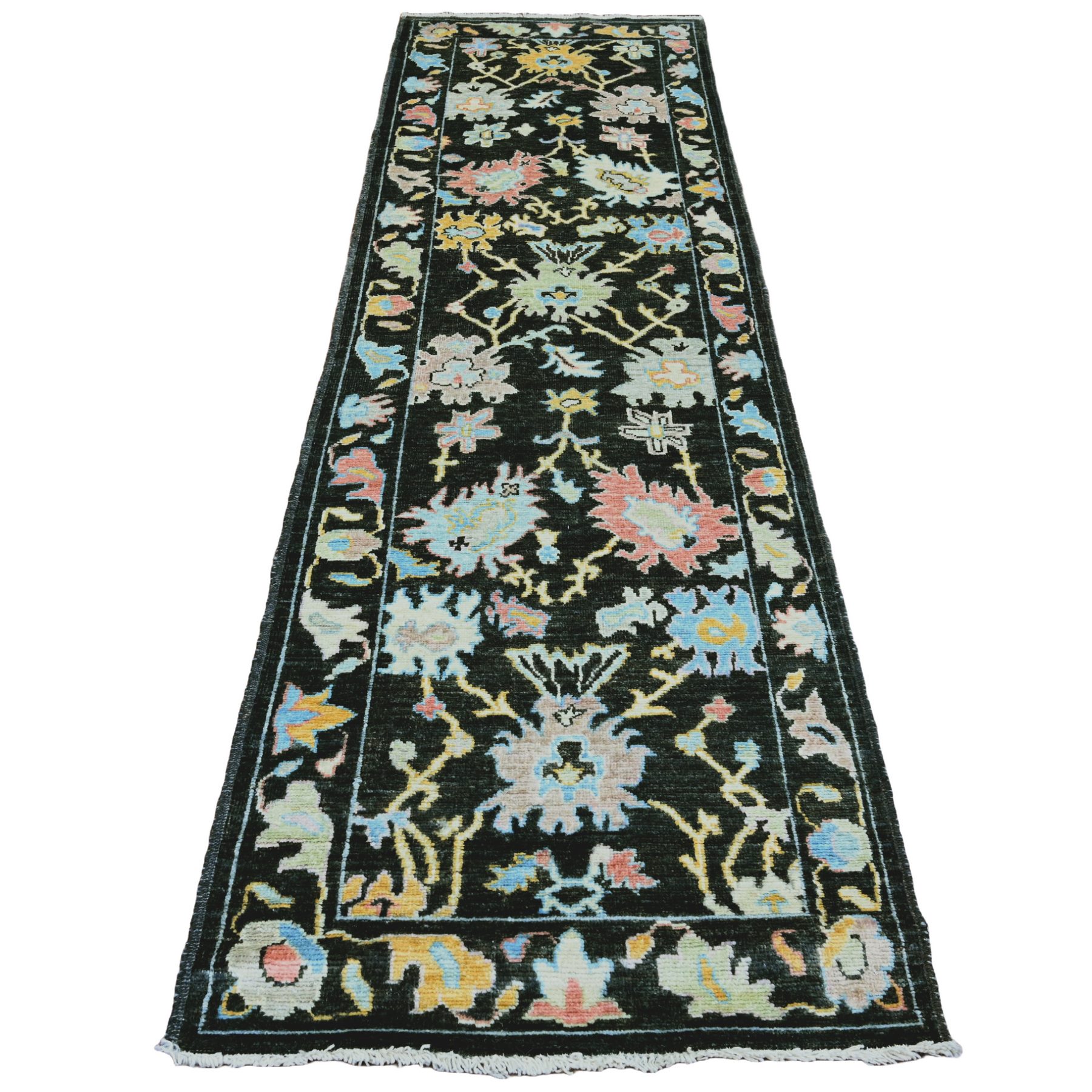 3'x9'9" Ink Black, Afghan Angora Oushak with Pop of Color, Leaf Design, Hand Knotted, Vegetable Dyes, 100% Wool, Runner, Oriental Rug HR20220