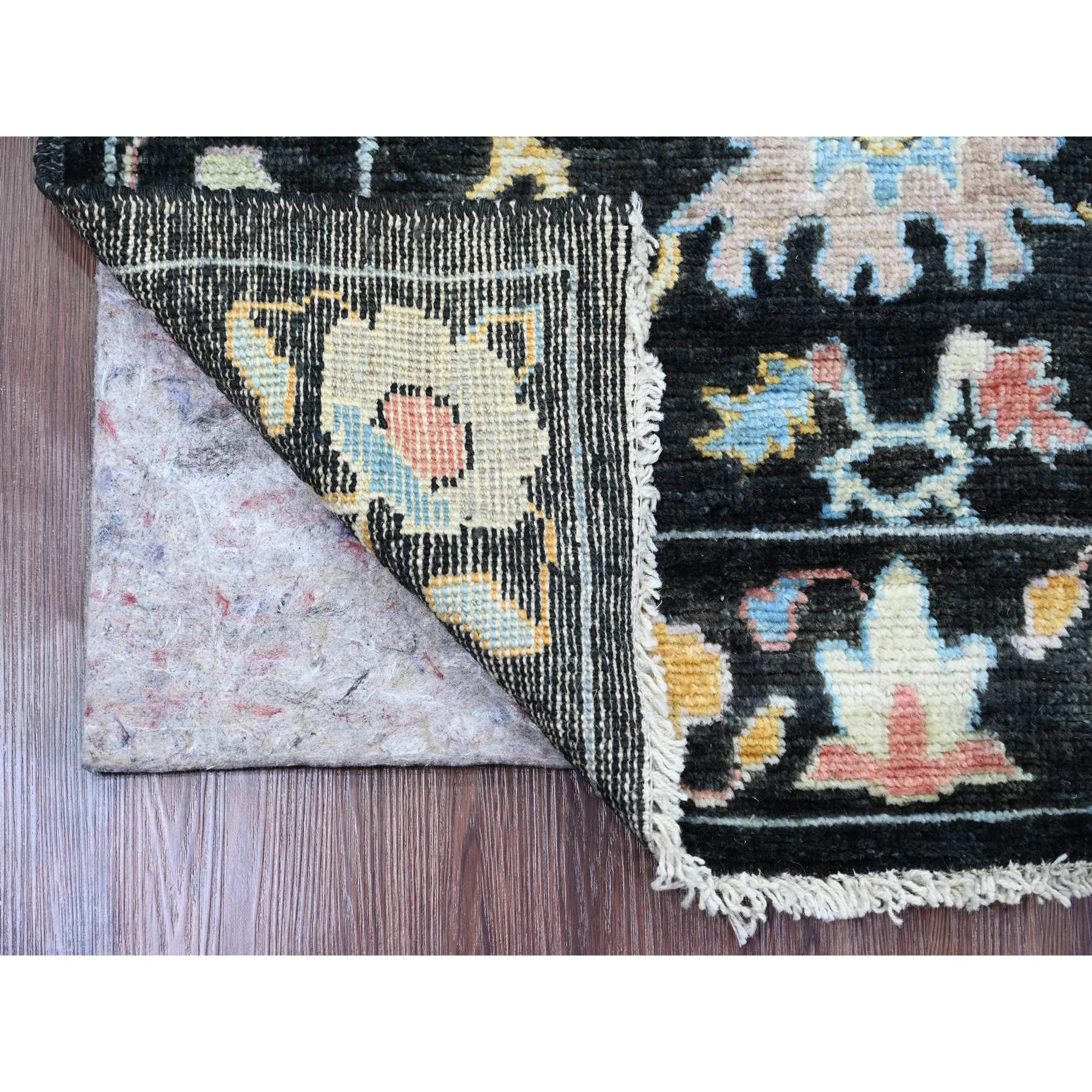 3'x9'9" Ink Black, Afghan Angora Oushak with Pop of Color, Leaf Design, Hand Knotted, Vegetable Dyes, 100% Wool, Runner, Oriental Rug HR20220 - Image 2