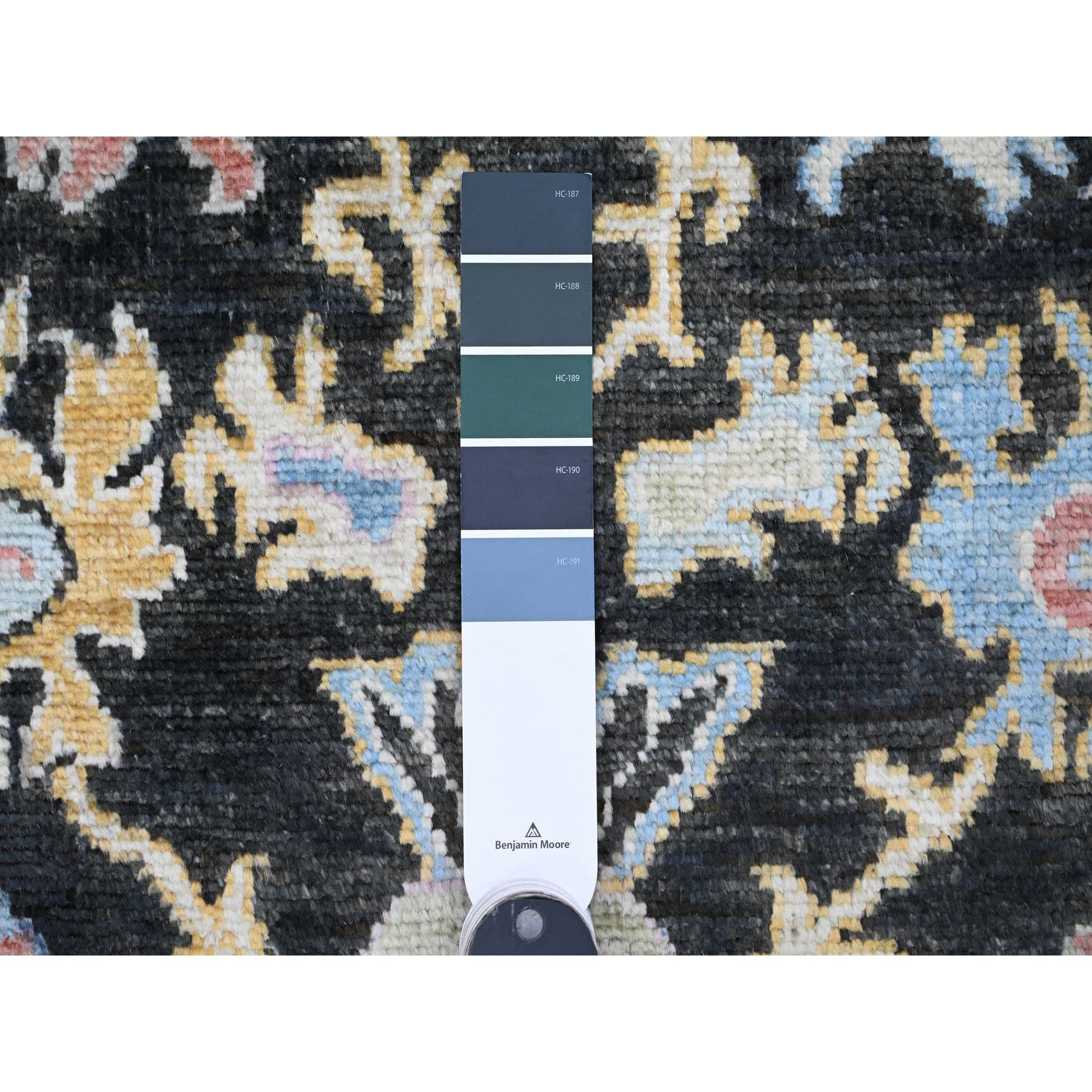 3'x9'9" Ink Black, Afghan Angora Oushak with Pop of Color, Leaf Design, Hand Knotted, Vegetable Dyes, 100% Wool, Runner, Oriental Rug HR20220 - Image 3