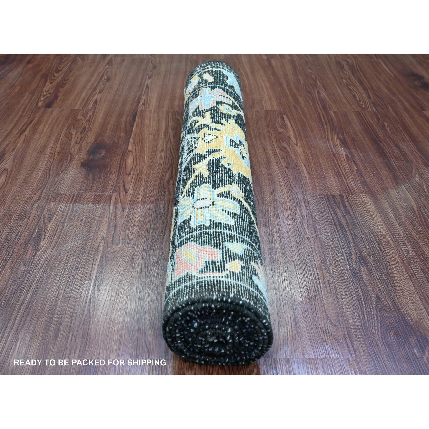 3'x9'9" Ink Black, Afghan Angora Oushak with Pop of Color, Leaf Design, Hand Knotted, Vegetable Dyes, 100% Wool, Runner, Oriental Rug HR20220 - Image 4