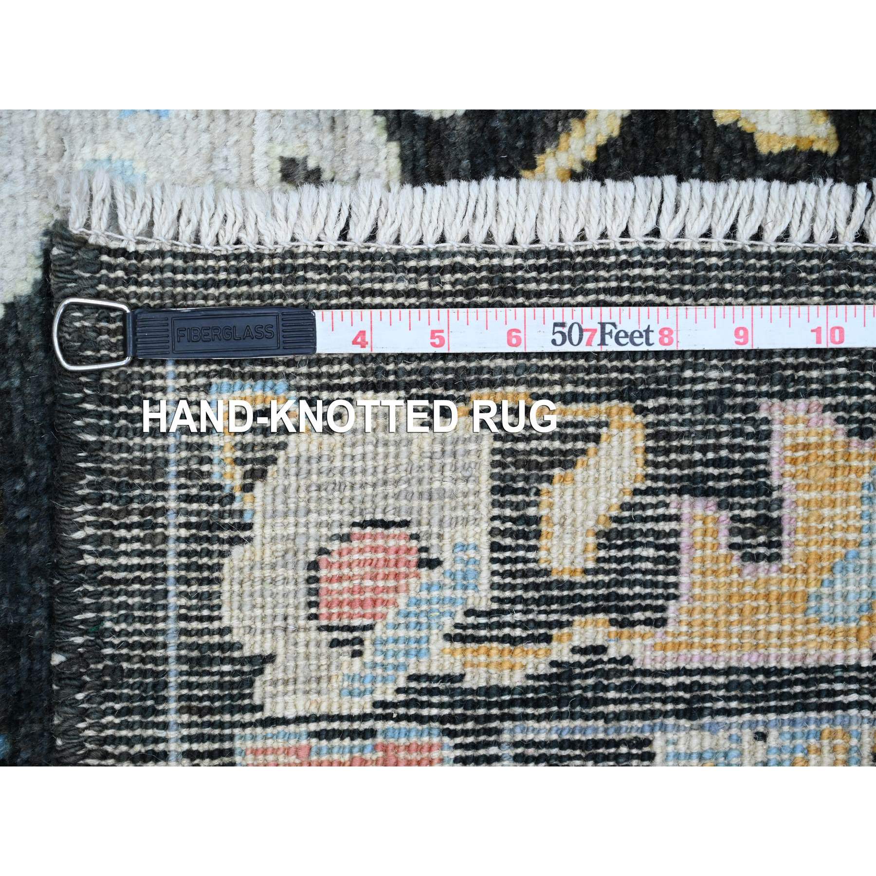 3'x9'9" Ink Black, Afghan Angora Oushak with Pop of Color, Leaf Design, Hand Knotted, Vegetable Dyes, 100% Wool, Runner, Oriental Rug HR20220 - Image 6