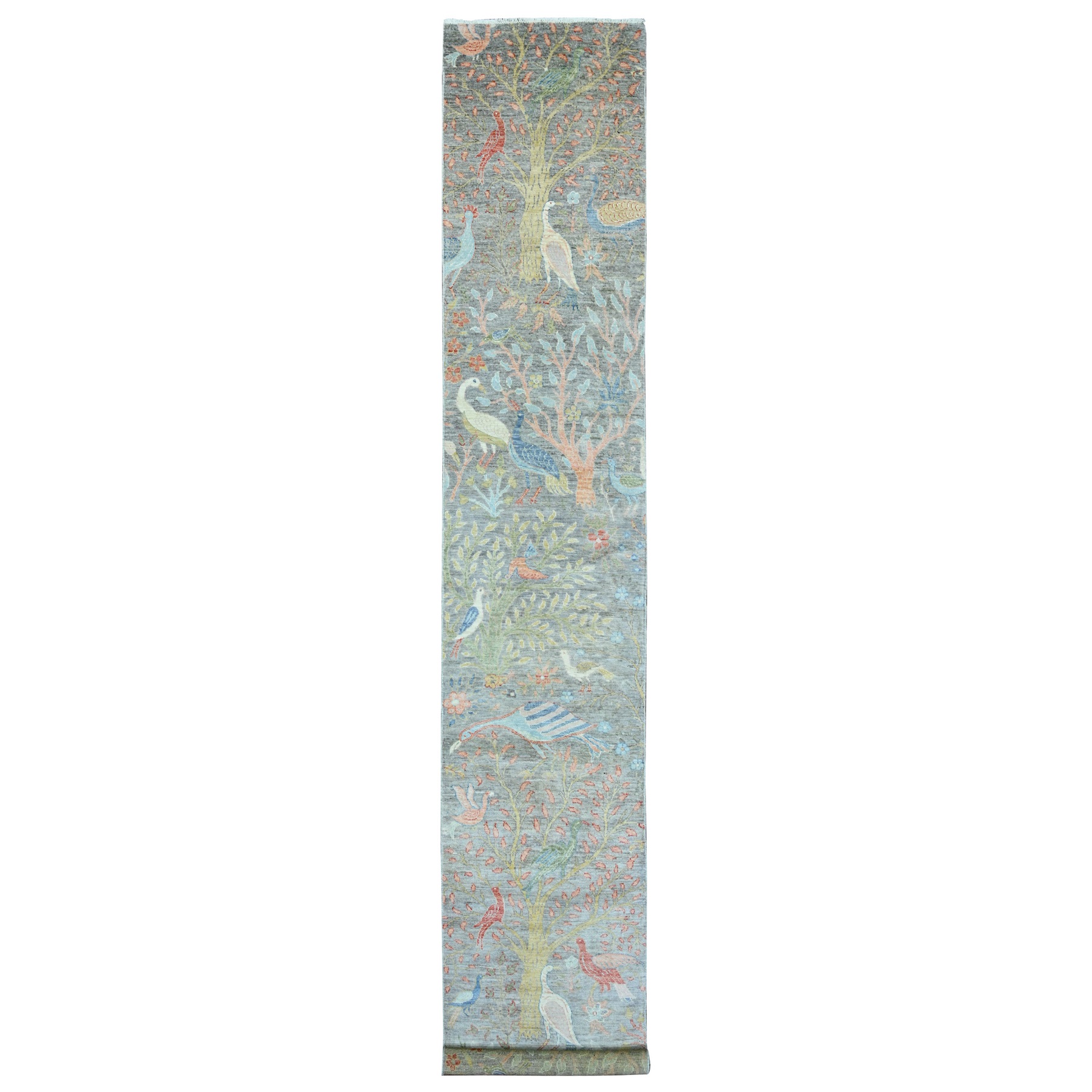 2'6"x15'7" Mink Gray, Afghan Peshawar with Birds of Paradise Design, Soft Wool, Vegetable Dyes, Hand Knotted, XL Runner, Oriental Rug HR20226