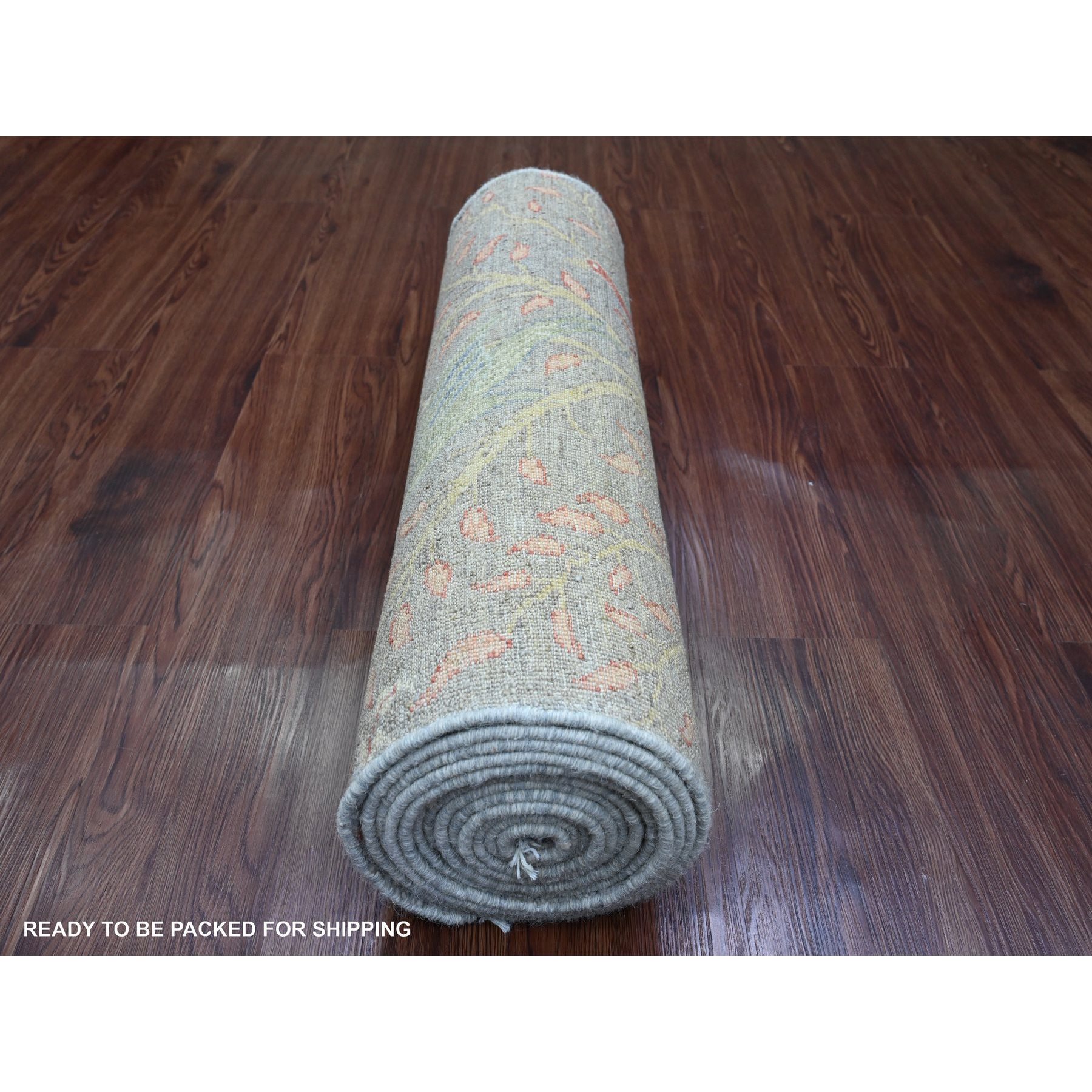 2'6"x15'7" Mink Gray, Afghan Peshawar with Birds of Paradise Design, Soft Wool, Vegetable Dyes, Hand Knotted, XL Runner, Oriental Rug HR20226 - Image 4