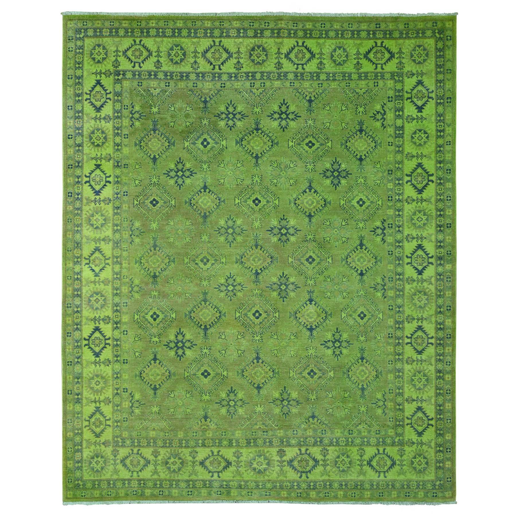 8'x9'8" Pear Green, Overdyed Kazak with All Over Geometric Design, Hand Knotted, 100% Wool, Oriental Rug HR20246