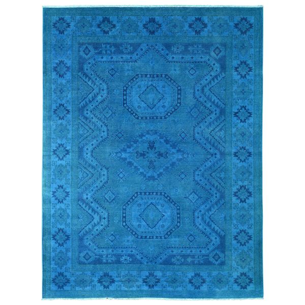 7'8"x10'1" Bayern Blue, Hand Knotted, Overdyed Kazak with Geometric Medallion Design, 100% Wool, Oriental Rug HR20247