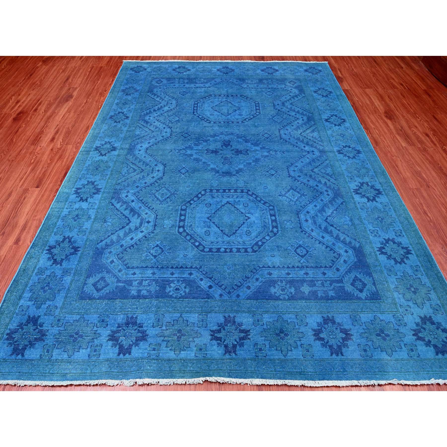 7'8"x10'1" Bayern Blue, Hand Knotted, Overdyed Kazak with Geometric Medallion Design, 100% Wool, Oriental Rug HR20247 - Image 2