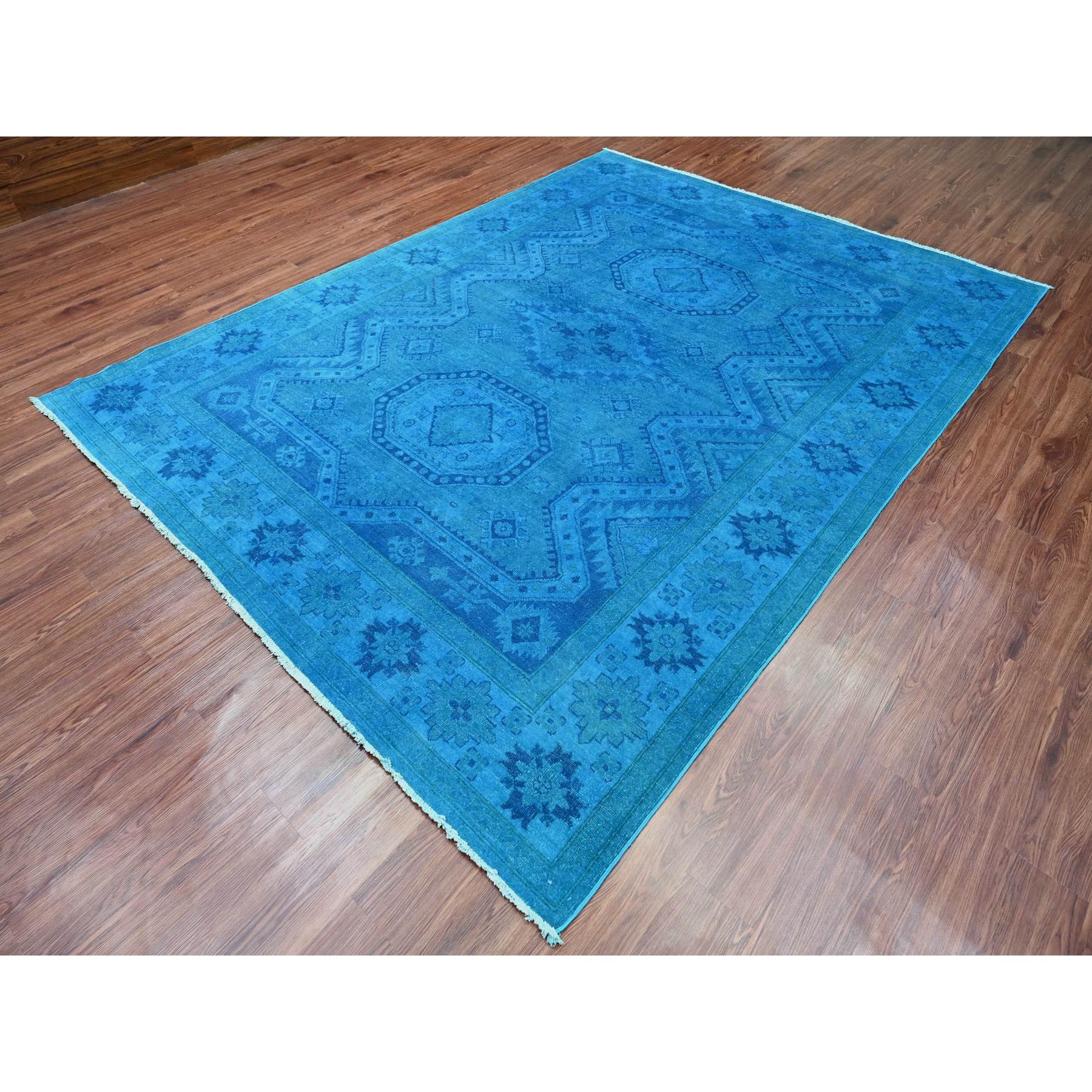 7'8"x10'1" Bayern Blue, Hand Knotted, Overdyed Kazak with Geometric Medallion Design, 100% Wool, Oriental Rug HR20247 - Image 3