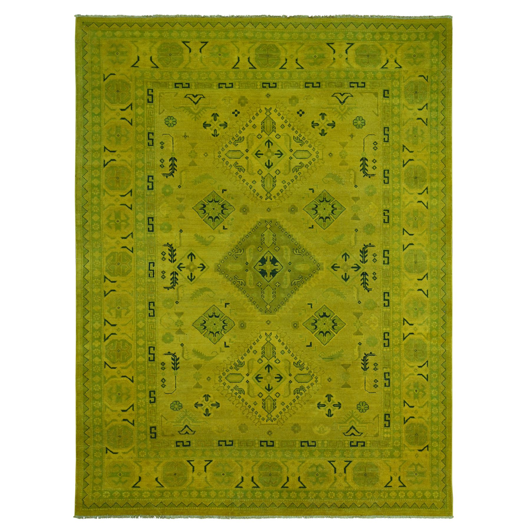 8'6"x11'4" Golden Yellow, Overdyed Kazak with Geometric Design, Hand Knotted, 100% Wool, Oriental Rug HR20248
