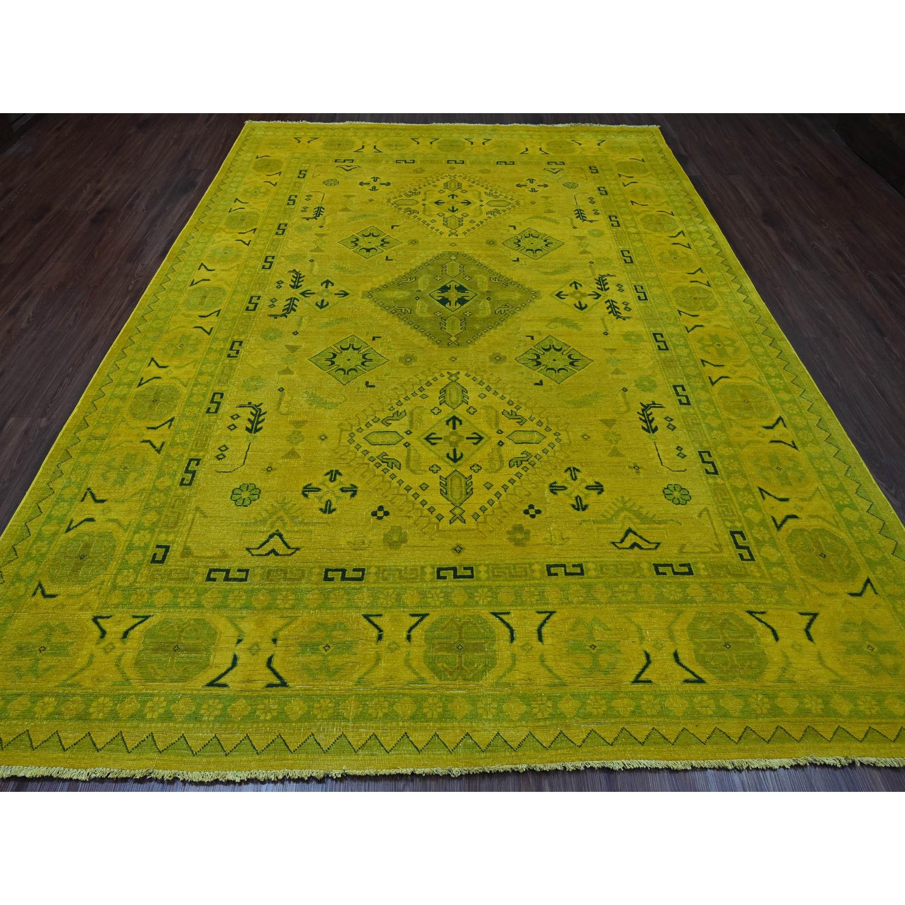8'6"x11'4" Golden Yellow, Overdyed Kazak with Geometric Design, Hand Knotted, 100% Wool, Oriental Rug HR20248 - Image 2