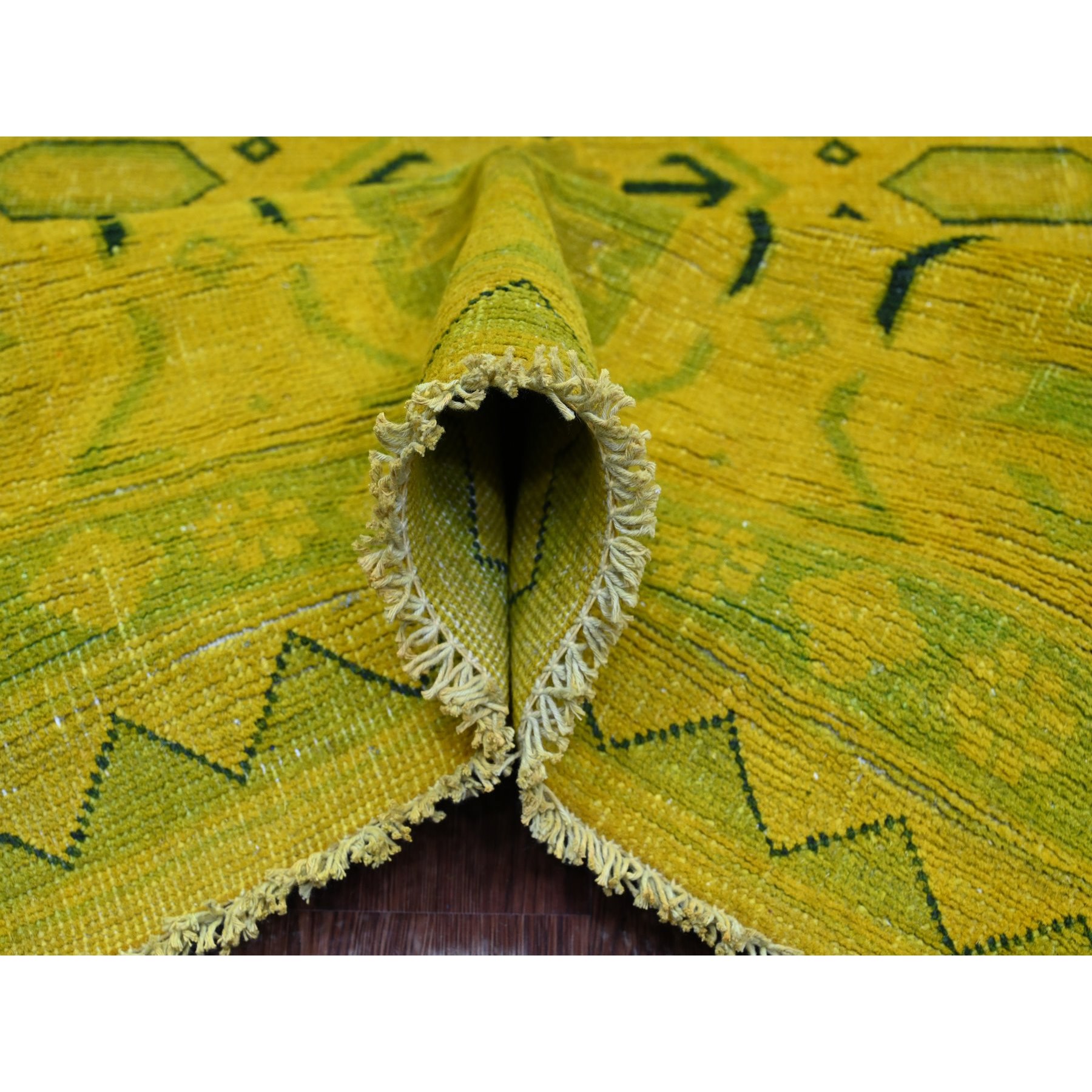 8'6"x11'4" Golden Yellow, Overdyed Kazak with Geometric Design, Hand Knotted, 100% Wool, Oriental Rug HR20248 - Image 5