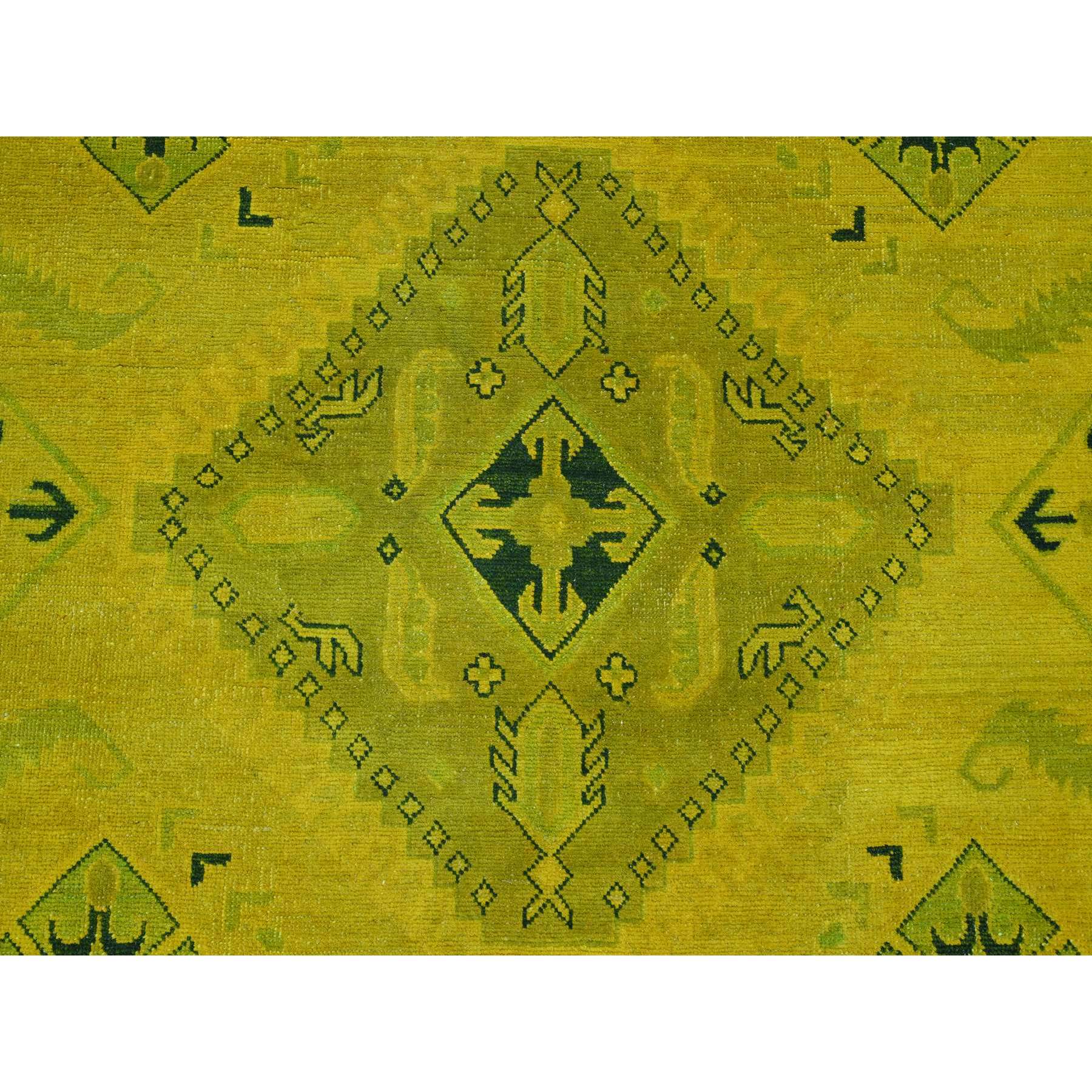 8'6"x11'4" Golden Yellow, Overdyed Kazak with Geometric Design, Hand Knotted, 100% Wool, Oriental Rug HR20248 - Image 8