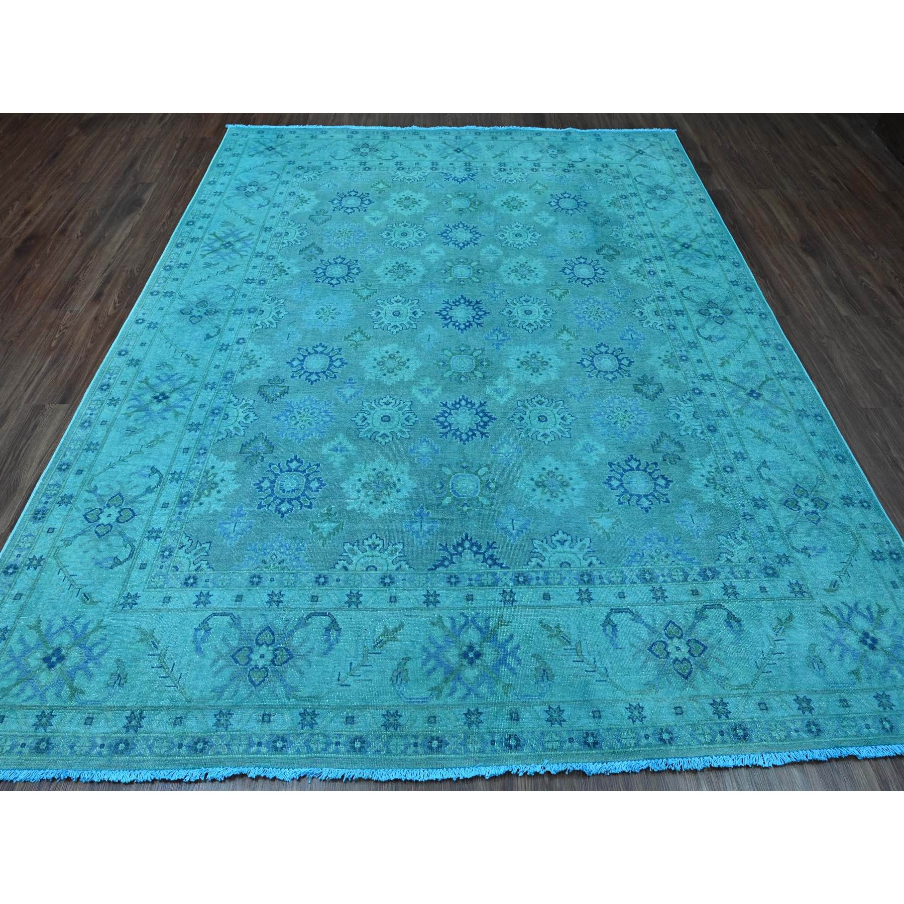 8'x9'8" Carolina Blue, 100% Wool, Overdyed Kazak with Geometric Leaf Design, Hand Knotted, Oriental Rug HR20249 - Image 2