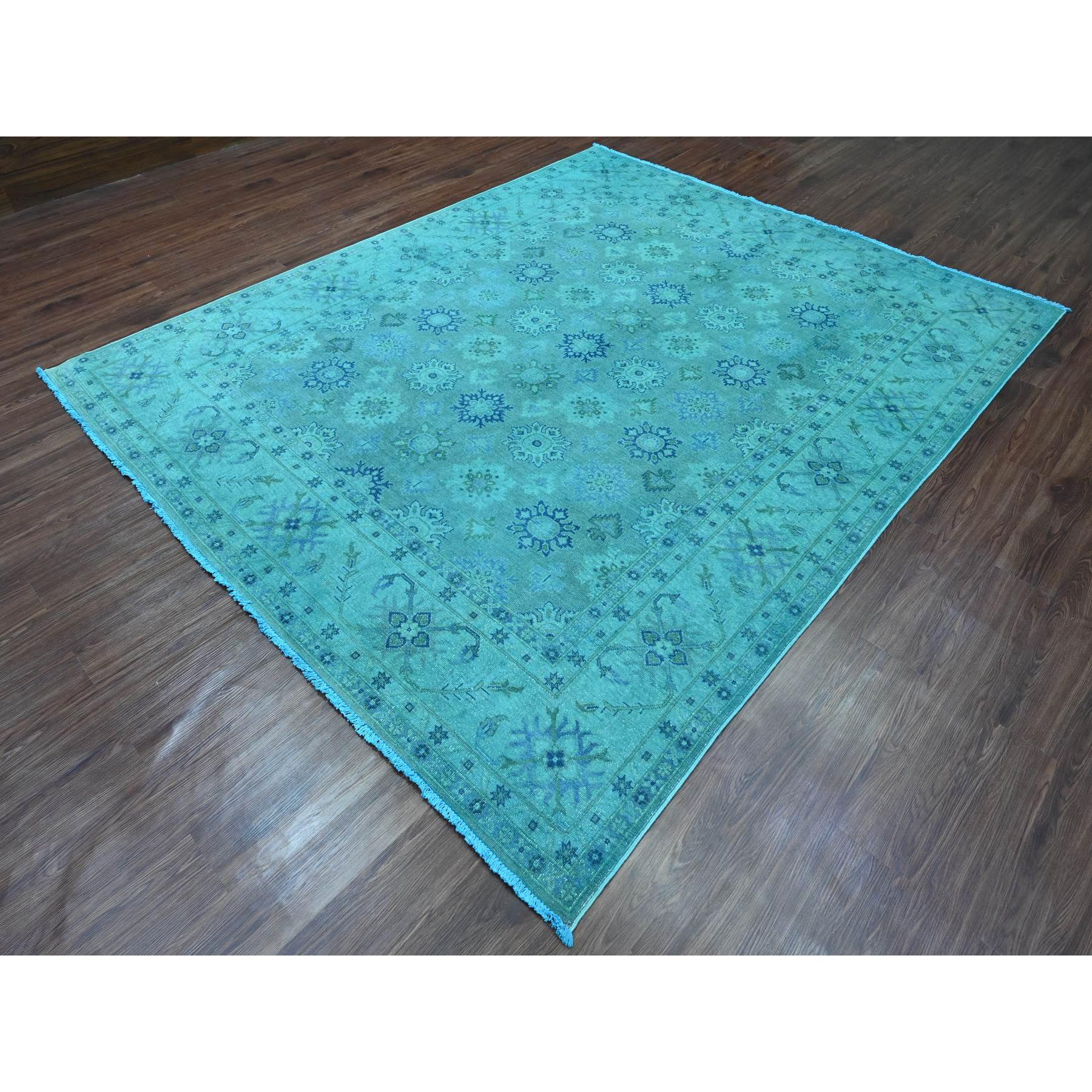 8'x9'8" Carolina Blue, 100% Wool, Overdyed Kazak with Geometric Leaf Design, Hand Knotted, Oriental Rug HR20249 - Image 3