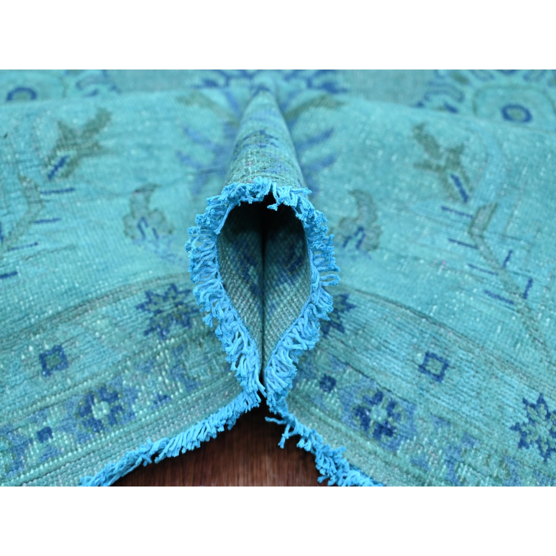 8'x9'8" Carolina Blue, 100% Wool, Overdyed Kazak with Geometric Leaf Design, Hand Knotted, Oriental Rug HR20249 - Image 5