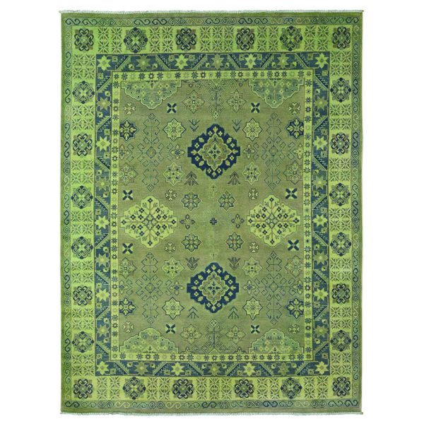 7'5"x10' Olive Green, Hand Knotted, Overdyed Kazak with Tribal Design, Pure Wool, Oriental Rug HR20250