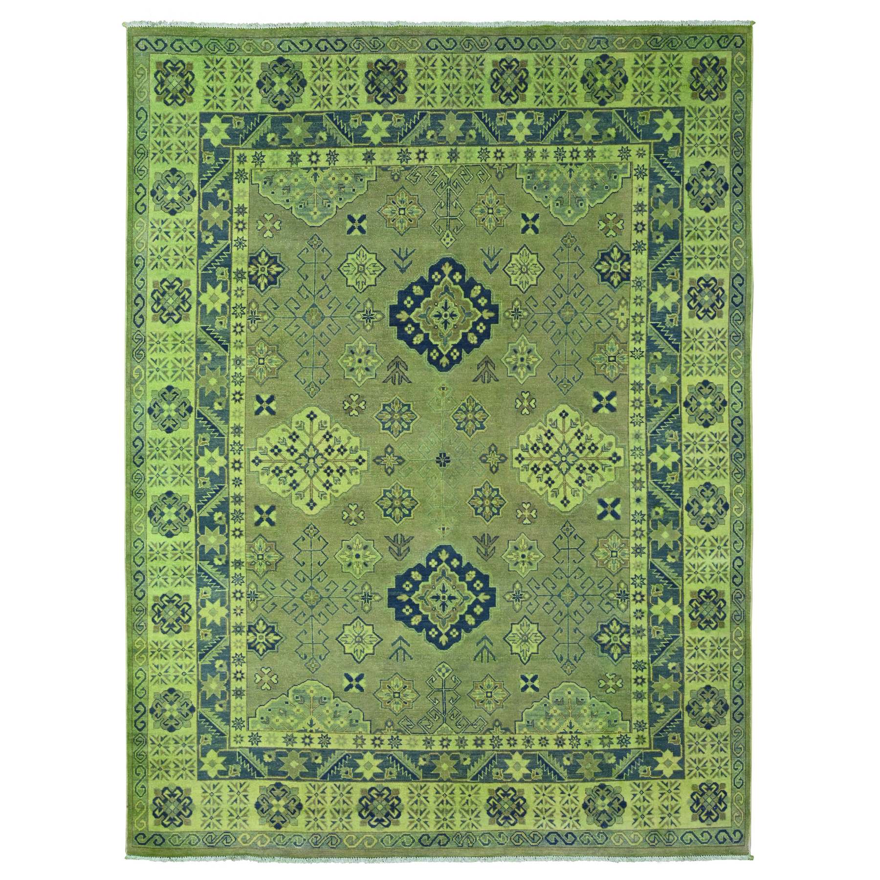 7'5"x10' Olive Green, Hand Knotted, Overdyed Kazak with Tribal Design, Pure Wool, Oriental Rug HR20250