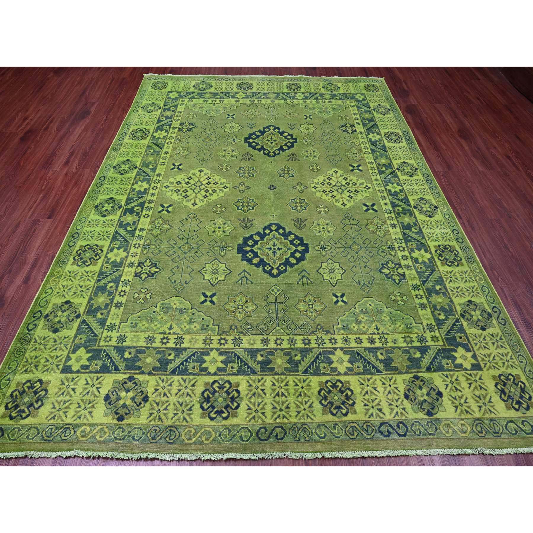 7'5"x10' Olive Green, Hand Knotted, Overdyed Kazak with Tribal Design, Pure Wool, Oriental Rug HR20250 - Image 2