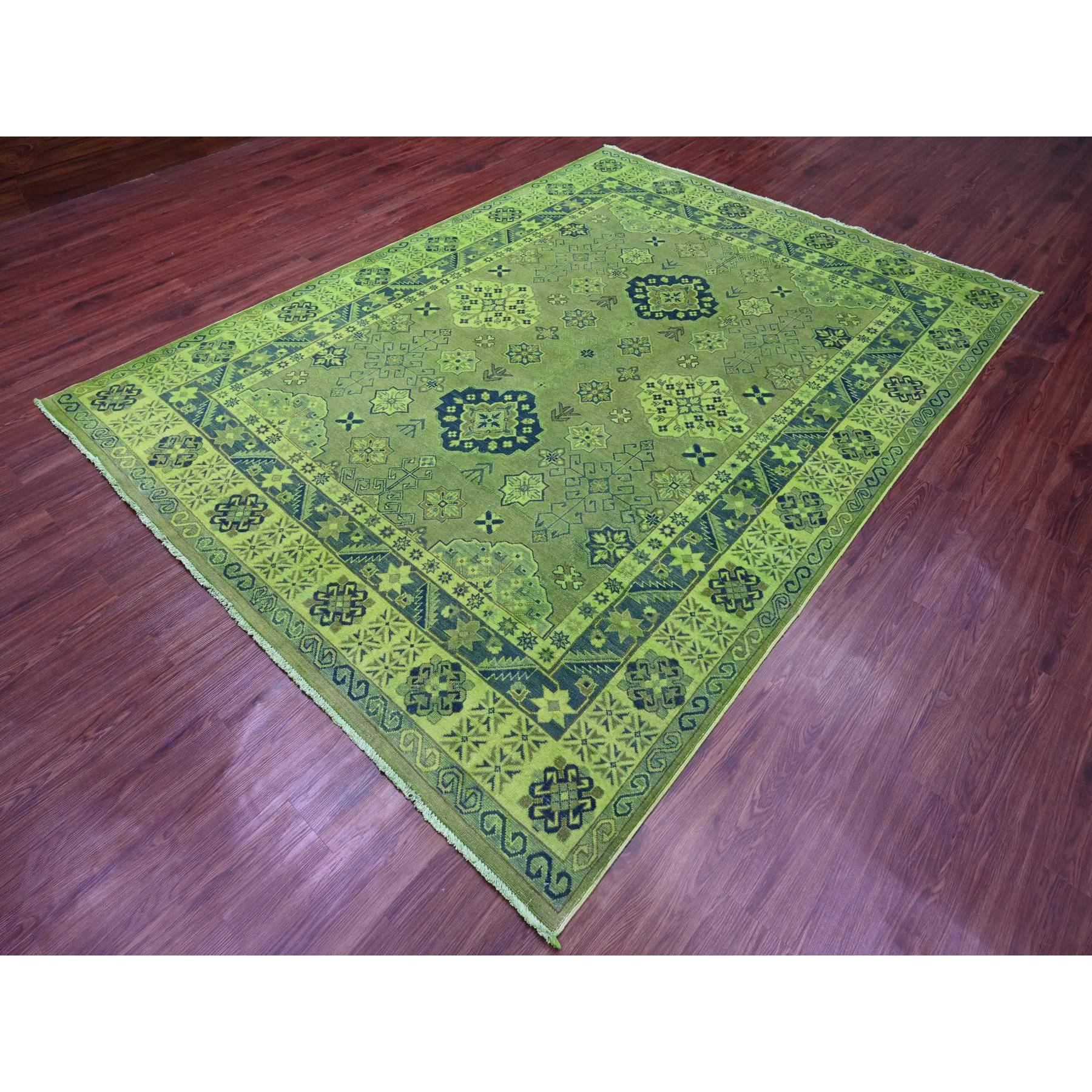 7'5"x10' Olive Green, Hand Knotted, Overdyed Kazak with Tribal Design, Pure Wool, Oriental Rug HR20250 - Image 3
