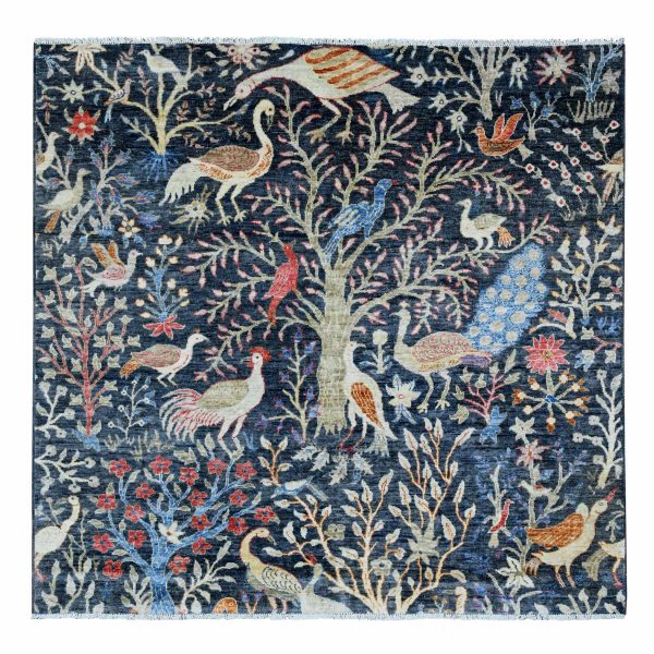 6'x6' Space Cadet Blue, Afghan Peshawar with Birds of Paradise Design, Hand Knotted, Soft Wool, Veggie Dyes, Round, Oriental Rug HR20255