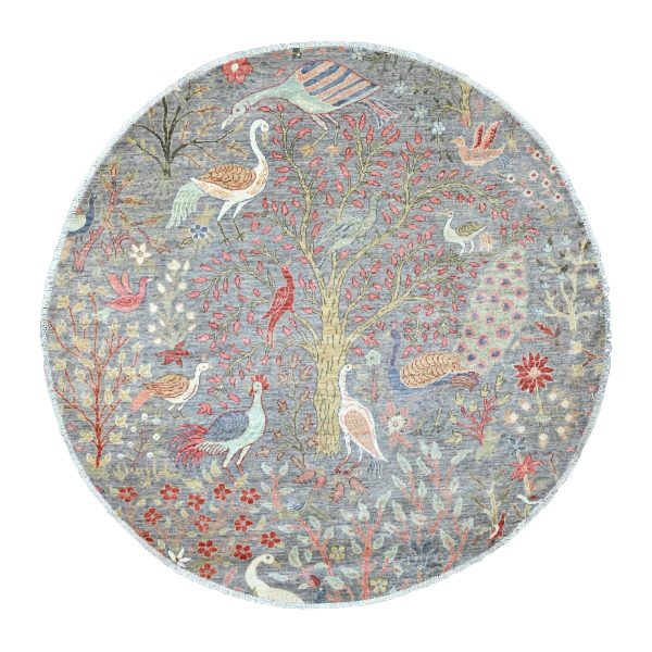 5'8"x5'8" Battleship Gray, Afghan Peshawar with Birds of Paradise Design, Hand Knotted, 100% Soft Wool, Vegetable Dyes, Round, Oriental Rug HR20257