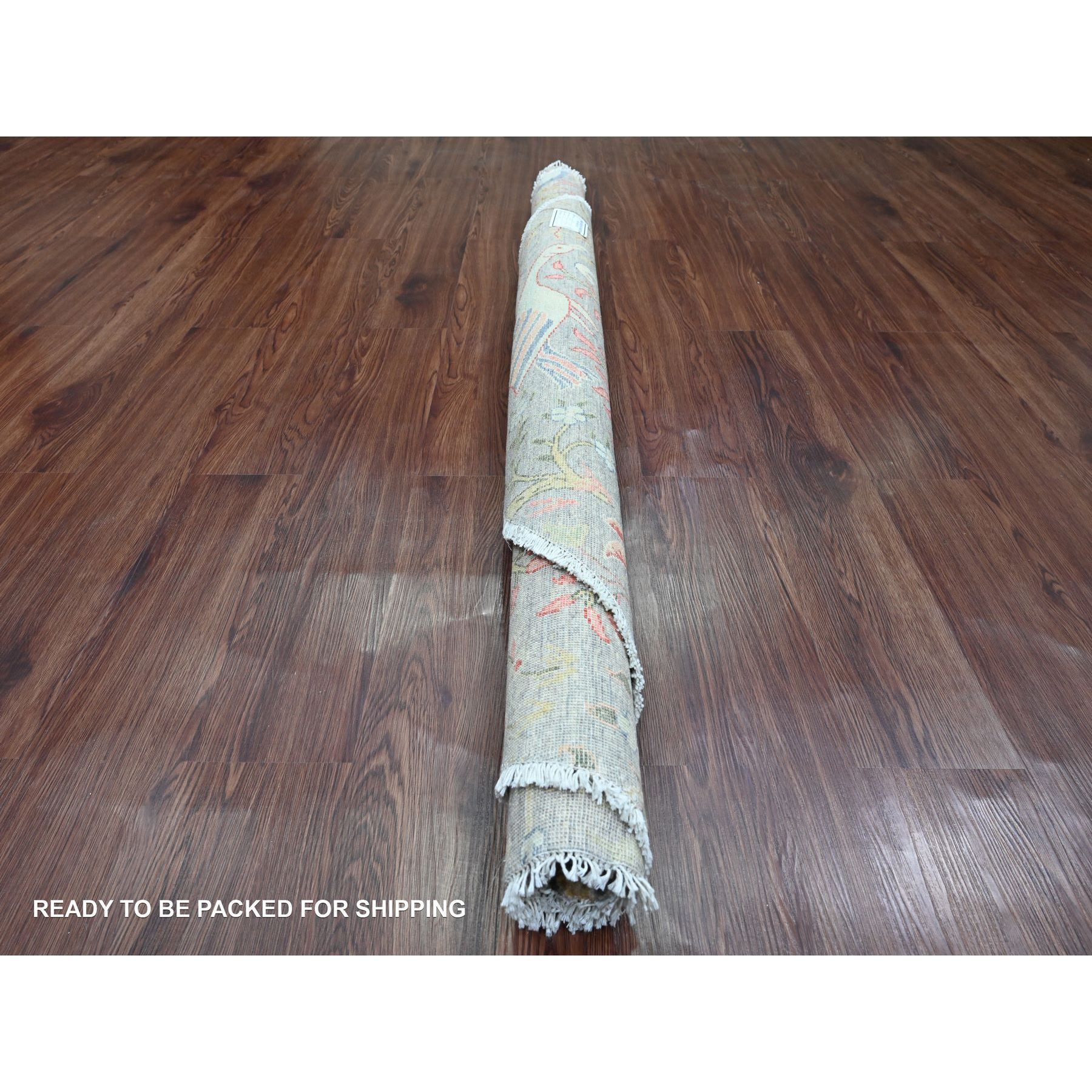 5'8"x5'8" Battleship Gray, Afghan Peshawar with Birds of Paradise Design, Hand Knotted, 100% Soft Wool, Vegetable Dyes, Round, Oriental Rug HR20257 - Image 4