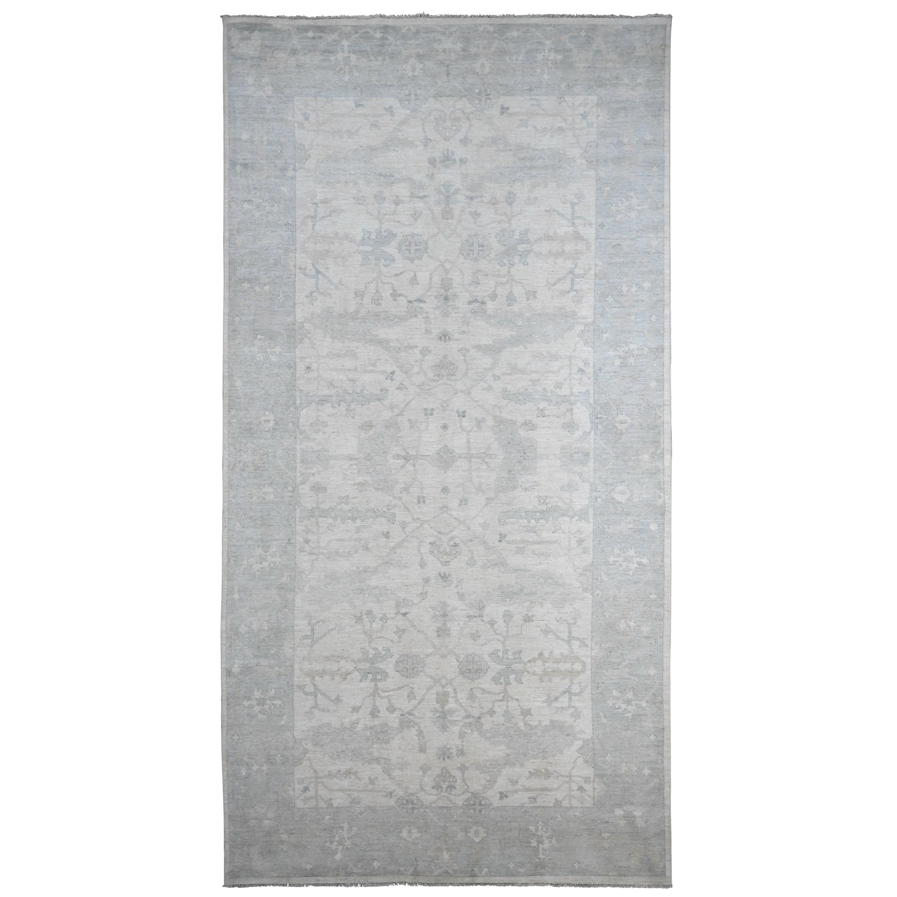 8'10"x17'4" Chiffon White, Afghan Angora Oushak with All Over Vines Design, 100% Wool, Hand Knotted, Natural Dyes, Gallery Size, Long and Narrow, Oversized, Runner, Oriental Rug HR20264