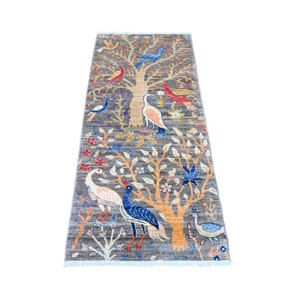 2'8"x5'8" Sonic Gray, Afghan Peshawar with Birds of Paradise Design, Hand Knotted, Soft and Shiny Wool, Natural Dyes, Short Runner, Oriental Rug HR20267