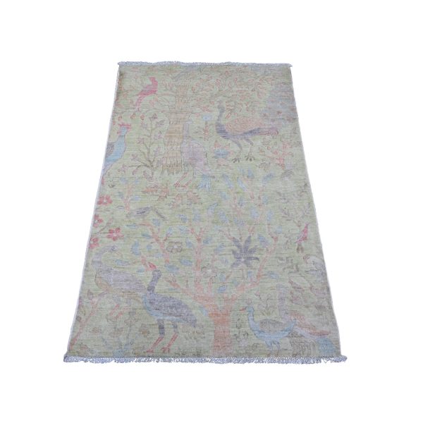 3'x4'8" Celadon Green, Afghan Peshawar with Birds of Paradise Design, Hand Knotted, Soft Wool, Natural Dyes, Oriental Rug HR20268