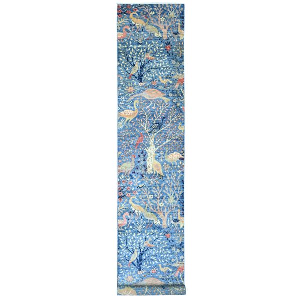 3'1"x19'4" Lake Blue, Afghan Peshawar with Birds of Paradise Design, Hand Knotted, 100% Soft Wool, Vegetable Dyes, XL Runner, Oriental Rug HR20269