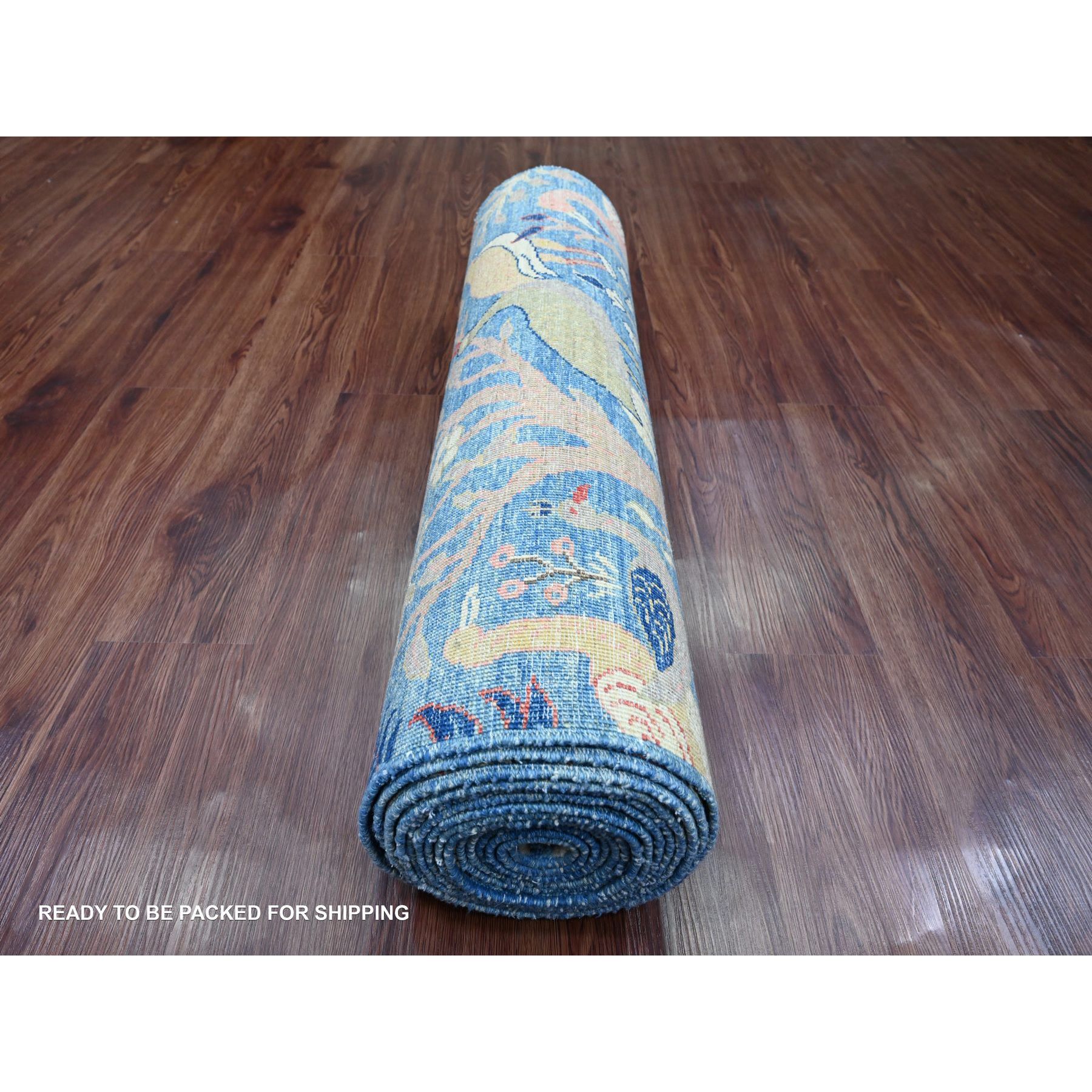 3'1"x19'4" Lake Blue, Afghan Peshawar with Birds of Paradise Design, Hand Knotted, 100% Soft Wool, Vegetable Dyes, XL Runner, Oriental Rug HR20269 - Image 4