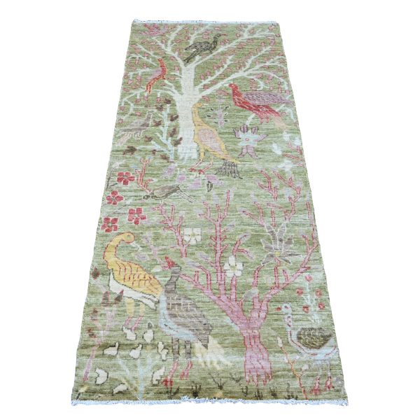 2'7"x6' Olive Green, Afghan Peshawar with Birds of Paradise Design, Soft 100% Wool, Hand Knotted, Vegetable Dyes, Runner, Oriental Rug HR20271
