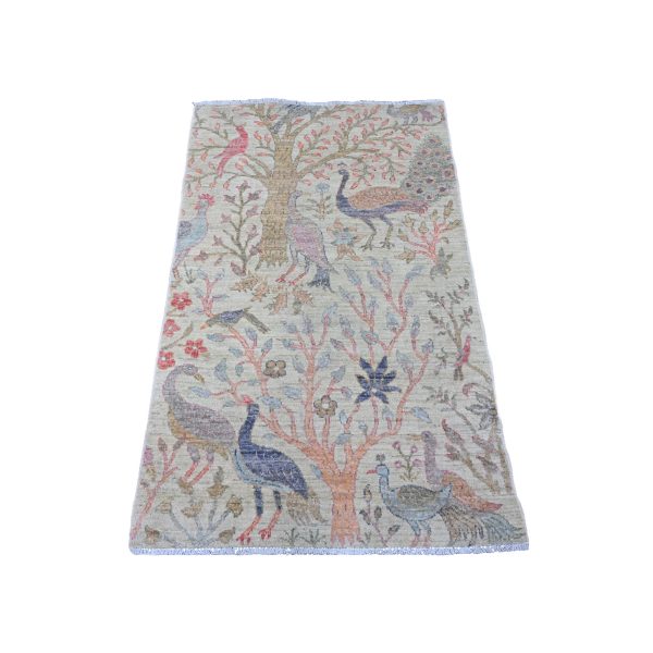 3'x4'8" Swamp Green, Soft Wool, Afghan Peshawar with Birds of Paradise Design, Hand Knotted, Vegetable Dyes, Oriental Rug HR20273