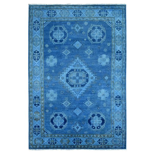 5'9"x8'7" Imperial Blue, Overdyed Kazak with Geometric Medallions Design, Pure Wool, Hand Knotted, Oriental Rug HR20281