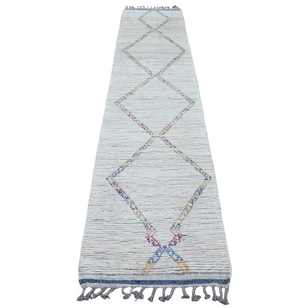 2'4"x10'7" Oyster White, Moroccan Weave with Colorful Geometric Pattern, Textured Pile, Soft Wool, Hand Knotted, Runner, Oriental Rug HR20283